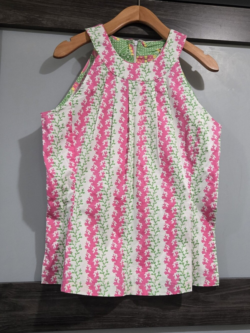 Dizzy Lizzie Cotton Blend Coral Print Halter Top Small pink and green